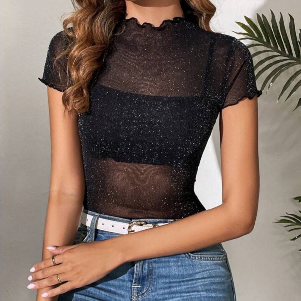 SHEIN Black Sheer Glitter Top